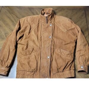Vintage Adler Tan Brown Leather Western Bomber Jacket Mens Small Suede Finish